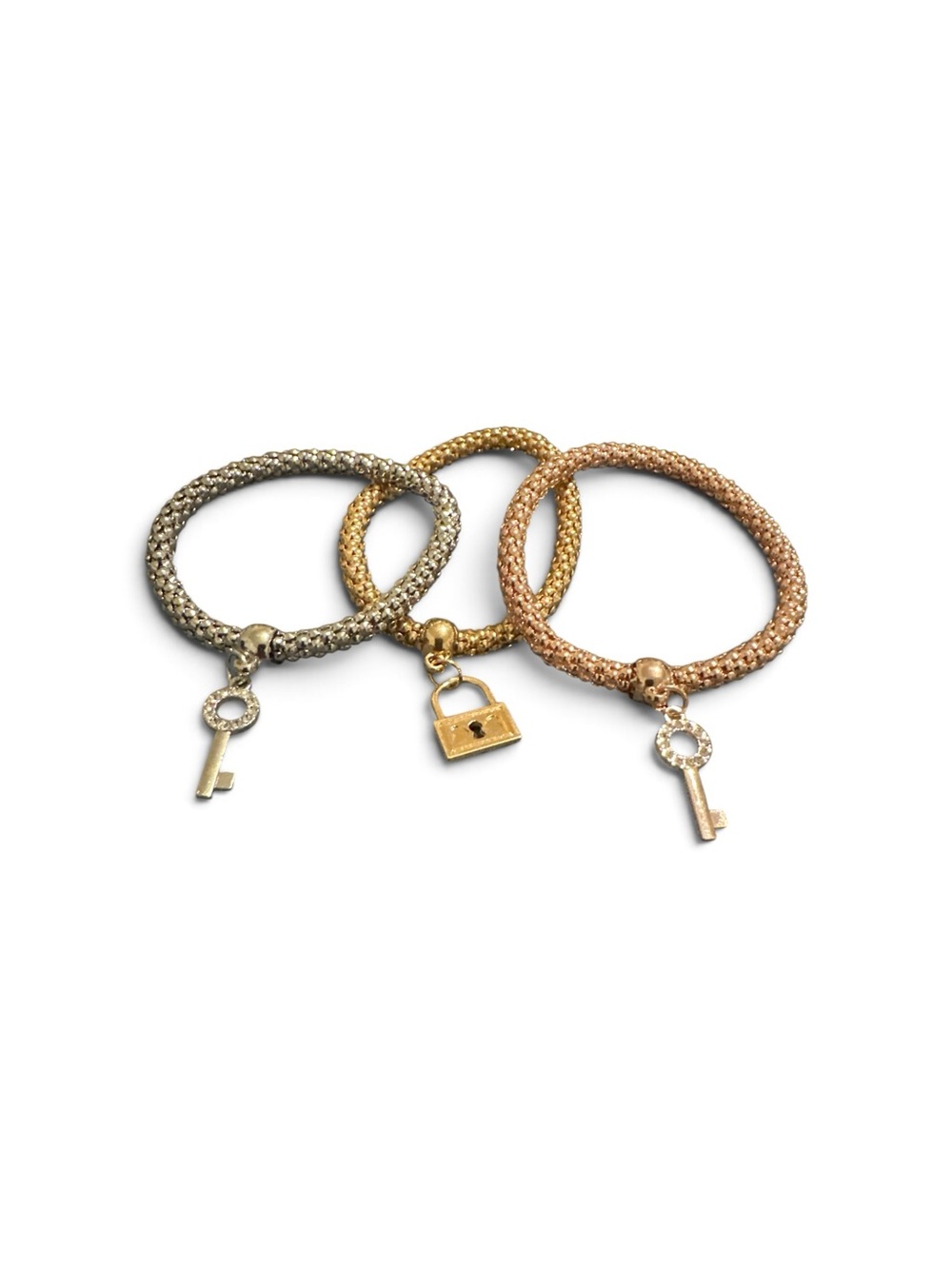 Copper Three-Piece Key & Lock Charm Bracelet Set - Gold, Rose Gold, Silver